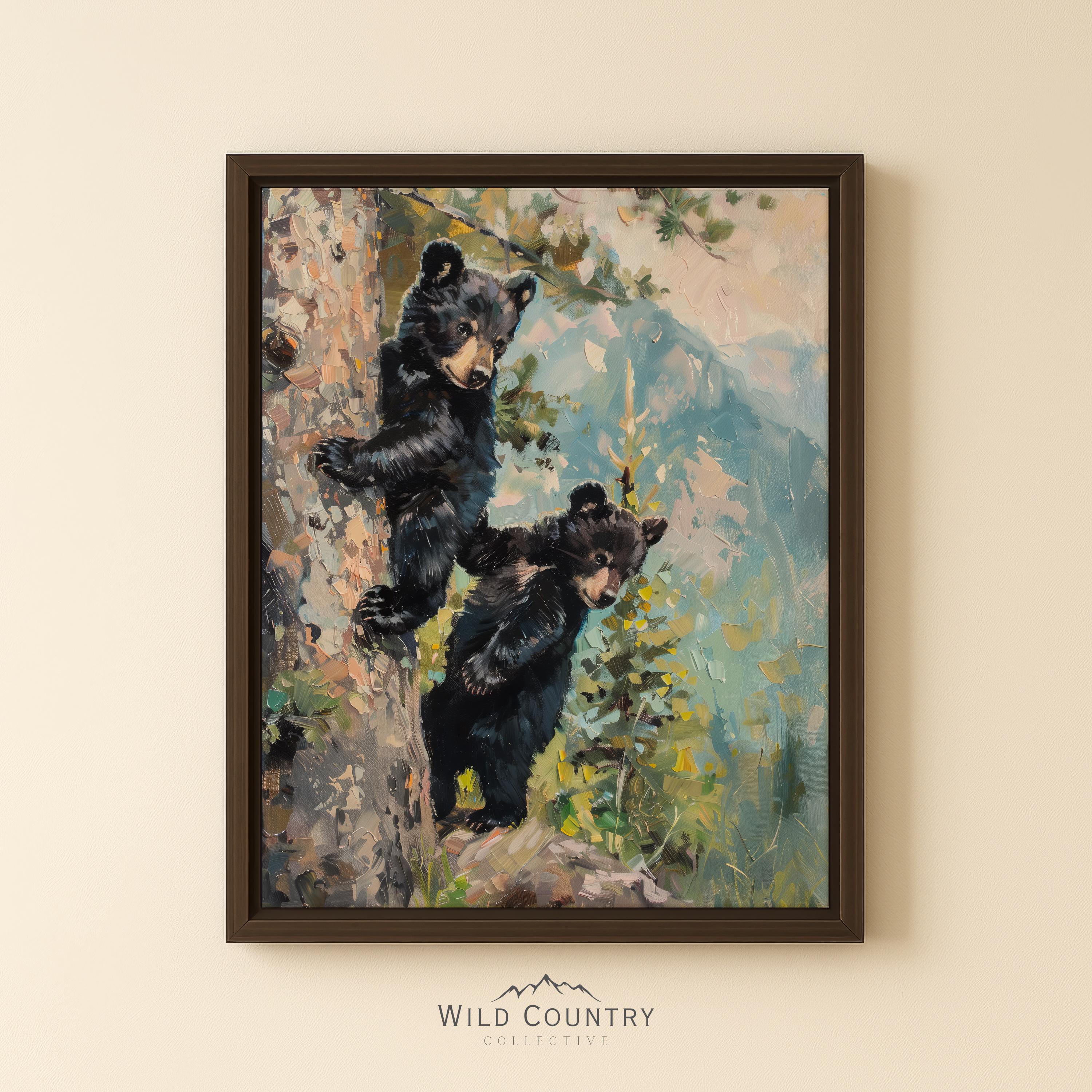 Framed Bear Cub Artwork Black Bear Picture Baby Room Wall Art