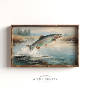 Art de pêche à la mouche, peinture de mauvaise humeur, impression de poisson, truite, lac, paysage d'art, décoration de cabine rustique, art mural pour homme, peinture rupestre, poisson, décoration de bureau