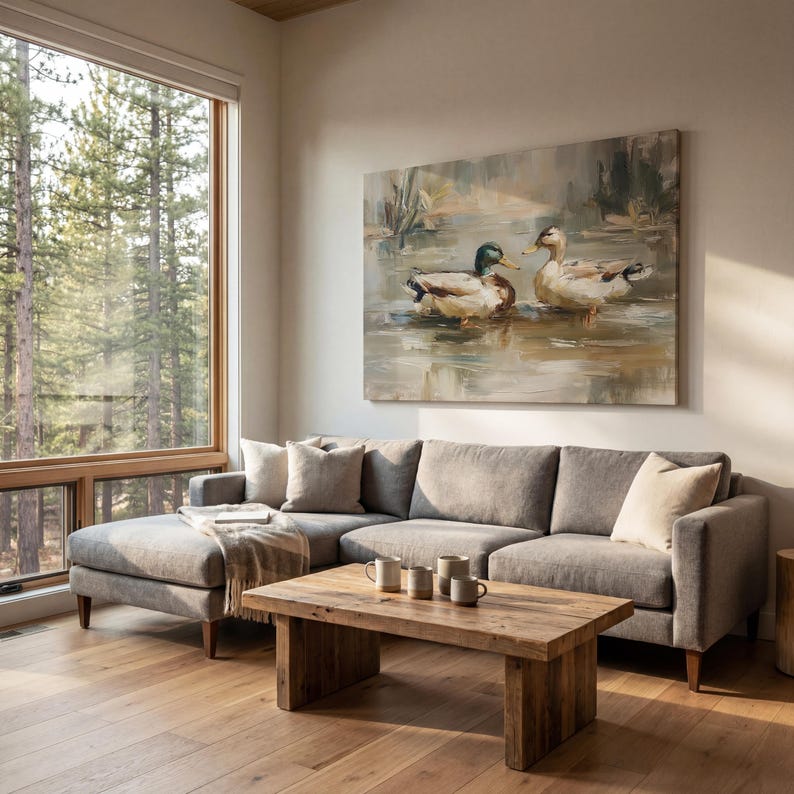 a cozy living room with a large window overlooking a wooded area. The room features a gray sectional sofa, a wooden coffee table, and a painting of ducks swimming in a pond.