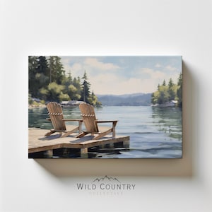 Adirondack Chairs Canvas, Vintage Mountain Art, Lake Landscape Canvas, Cabin Decor, Pine Tree Print, Montana Painting, Lake View Painting