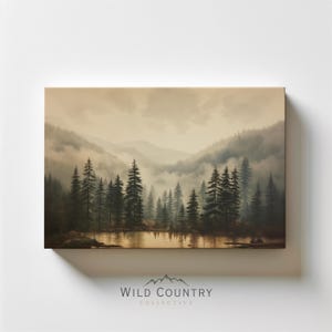 Pine Tree Wall Art Canvas Nature Print Forest Mountain Landscape Painting Pine Tree Print Vintage Cabin Wall Decor Moody Forest Lake Artwork