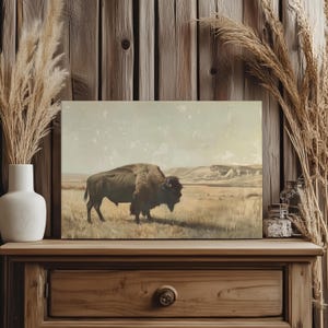 Vintage Buffalo Canvas, Western Wall Art, American Bison Painting Print on Canvas, Wildlife Art, Mountain Landscape, Western Bison Decor