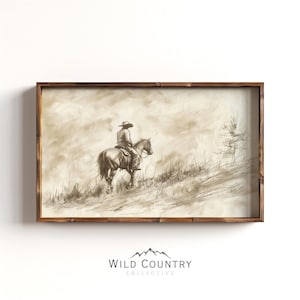 Western Cowboy Sketch Art Poster, Rustic Horse Rider Drawing, Country Print, Farmhouse Decor, Western Decor, Montana Wall Art, Antique Art