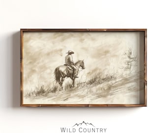 Western Cowboy Sketch Art Poster, Rustic Horse Rider Drawing, Country Print, Farmhouse Decor, Western Decor, Montana Wall Art, Antique Art