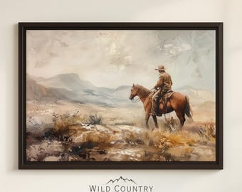 Framed Western Cowboy Canvas Vintage Mountain Painting Cowboy Print on Canvas Western Wall Art Montana Decor Horse Painting Sunset Wall Art