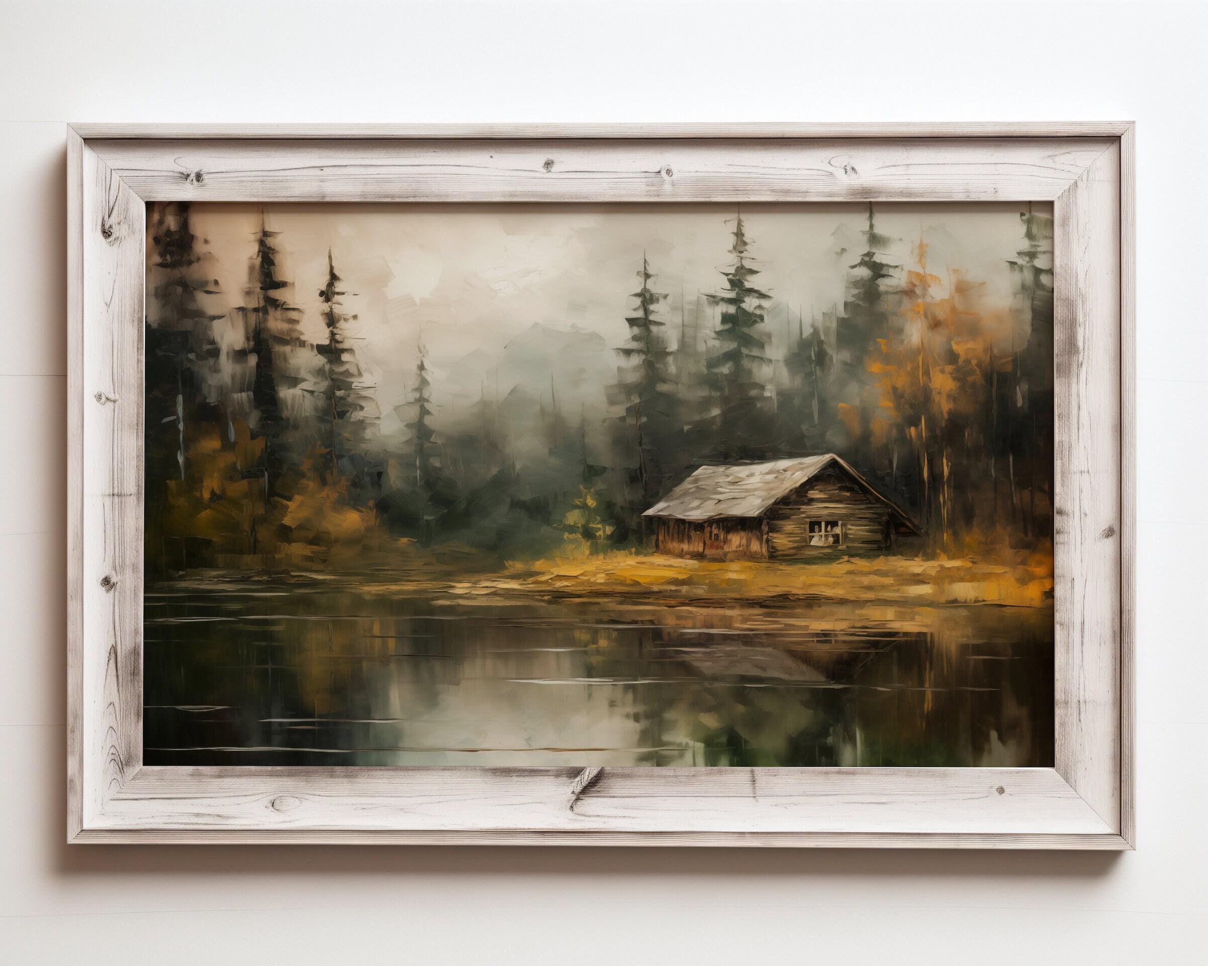 ムーディーな山岳風景の壁画、ヴィンテージの湖の絵画、湖畔の家の装飾
