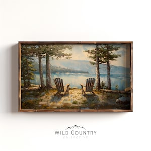 Lake Painting Art Print Lake House Decor Landscape Pine Tree Print Vintage Mountain Wall Art Montana Painting Cabin Decor Adirondack Chairs
