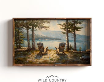 Lake Painting Art Print Lake House Decor Landscape Pine Tree Print Vintage Mountain Wall Art Montana Painting Cabin Decor Adirondack Chairs