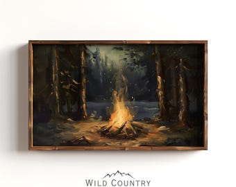 Rustic Campfire Oil Painting, Camping Theme Wall Art, Dark Wall Art, Moody Pine Tree Poster Print, Vintage Forest Painting, Cabin Wall Decor