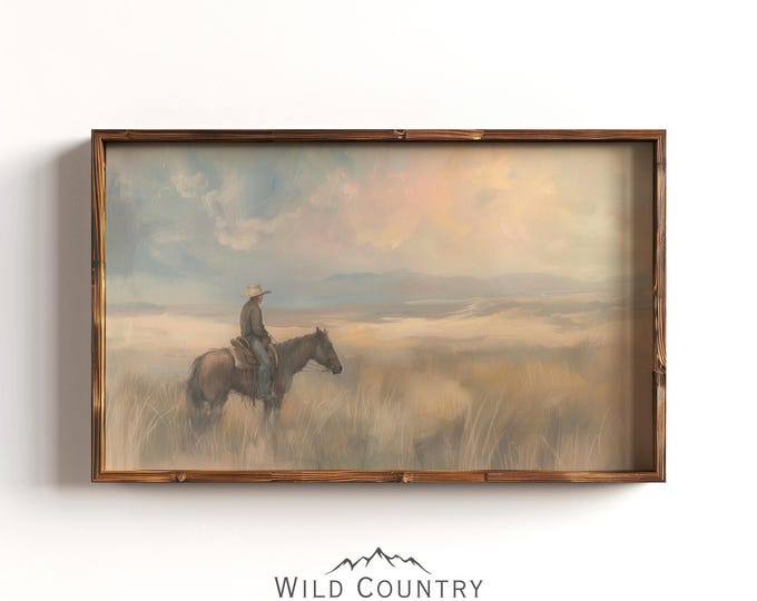 Western Cowboy Oil Painting Art Print Montana Wall Art Vintage Cowboy Poster Country Western Wall Art Countryside Print Sunset Painting