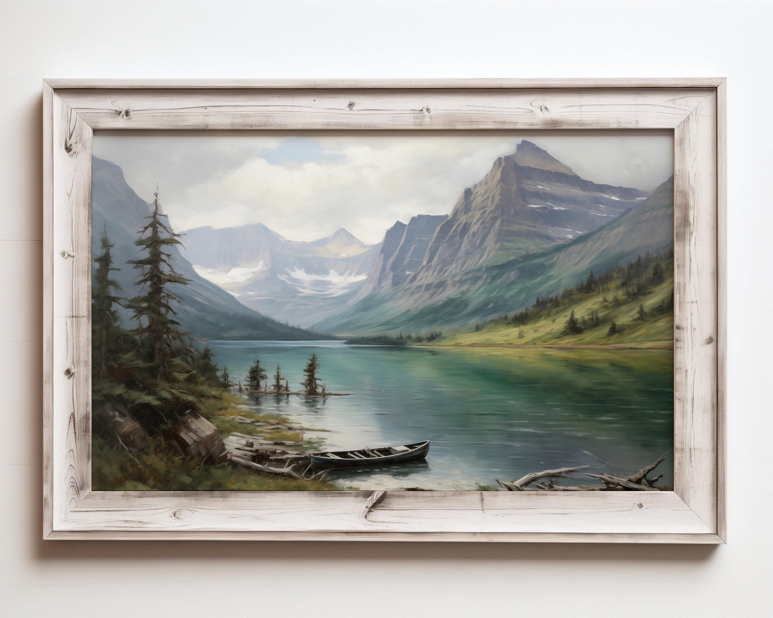 印刷可能なグレイシャー湖の壁アート、山岳風景の油絵、ヴィンテージ風