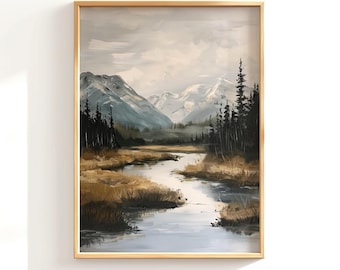 Vintage Winding River Painting, Snow Capped Mountain Poster Print, Moody Landscape Oil Painting, Dark Wall Art, Rustic Pine Tree Wall Art