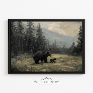 Framed Mama Bear Canvas Print Vintage Bear Nursery Wall Art Black Bear Cub Painting Woodland Nursery Decor New Mom Gift Kids Room Wall Art