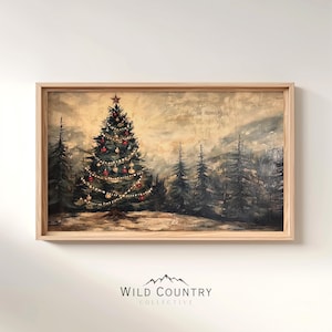 印刷可能なアンティーククリスマスツリーアート、暗い森の絵画、素朴な松の木のプリント、クリスマスの壁飾り、キャビンの装飾、ヴィンテージホリデーアート