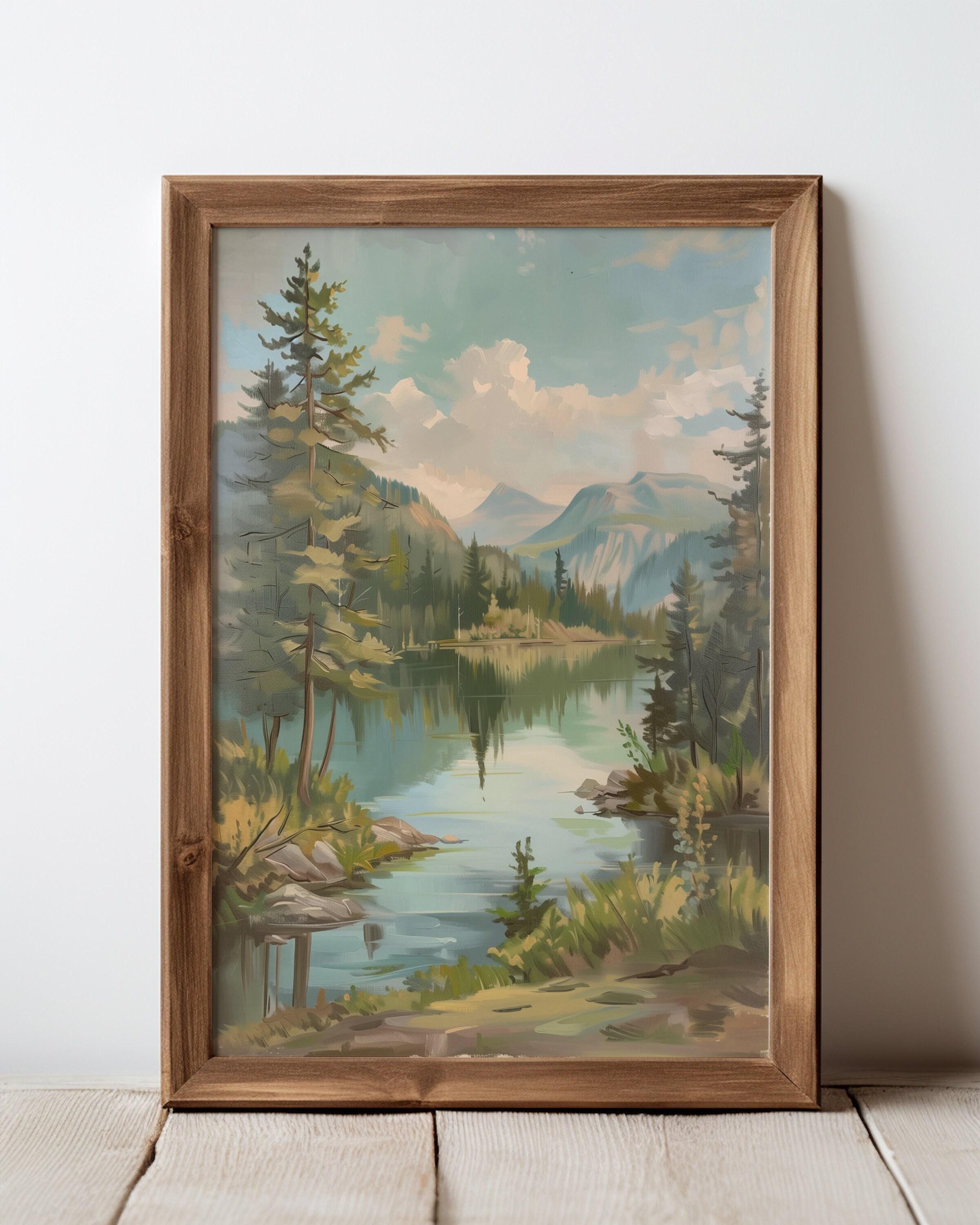 アンティーク絵画　油彩　アメリカ　森林と川　風景画　Antique　ヴィンテージ アンティーク絵画 油彩 アメリカ 森林と川 風景画 Antique