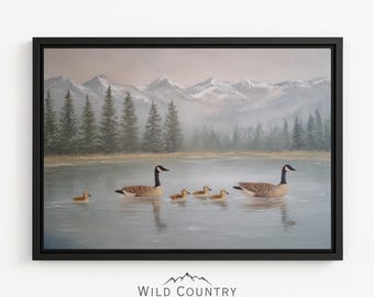 Framed Four Little Baby Canvas Geese Family Wall Decor Lake Painting Vintage Mountain Wall Art Forest Decor Muted Wildlife Art Print Geese