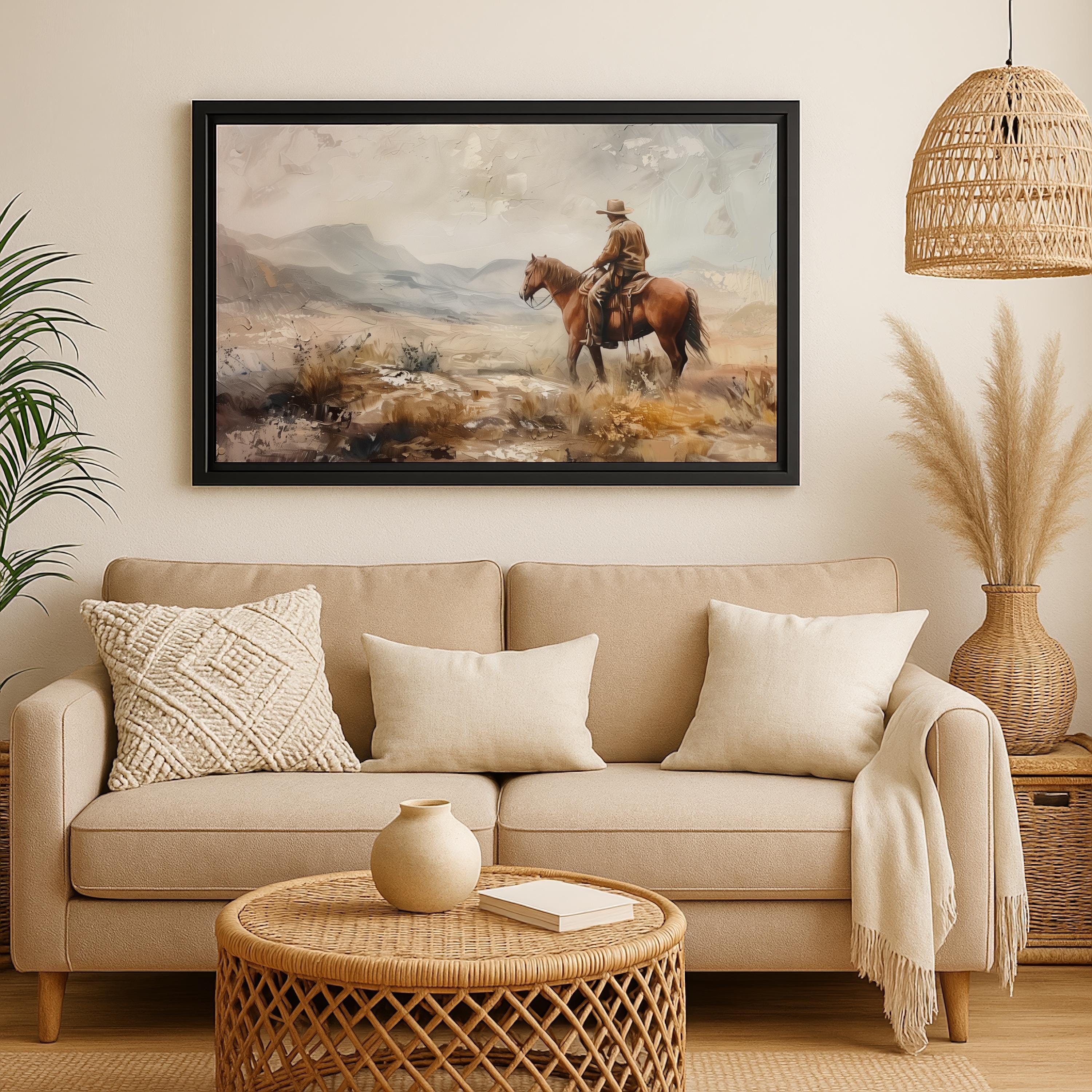 Framed Western Cowboy Canvas Vintage Mountain Painting Cowboy Print on ...