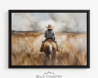 Framed Cowgirl Riding Horse Canvas Wall Art Western Wheat Field Landscape Painting for Living Room Farmhouse Ranch Decor Large Ready to Hang