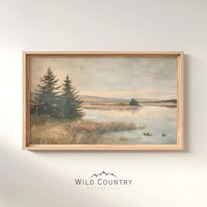 Afdrukbare Lil&#39; Ducklings schilderij, Mallard Duck Pond Art Print, Woodland Nursery Decor, gedempte Lake Wall Art, cadeau vogeljager, cabinedecor