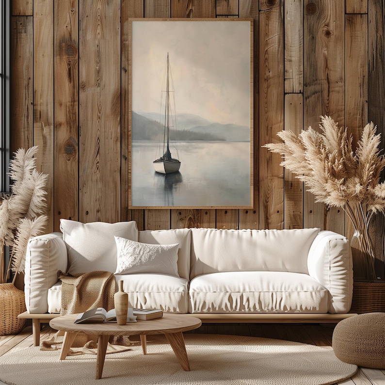 a living room with a white couch and a painting on the wall