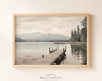 Printable Dockside Lake Painting, Vintage Lake View Wall Art, Lake House Decor, Calm Lake Landscape Print, Montana Mountain Painting