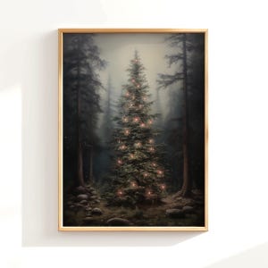 Dark Christmas Tree Print, Dark Festive Print, Vintage Holiday Wall Art, Moody Forest Painting, Rustic Pine Tree Print, Christmas Wall Decor