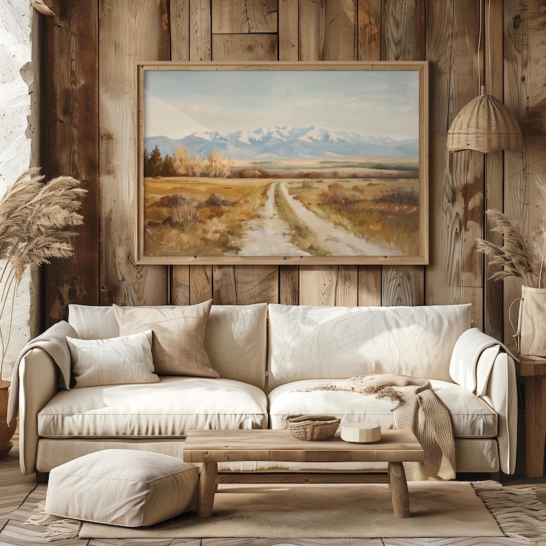 a painting of a dirt road with mountains in the background