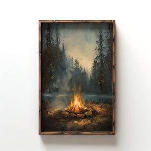 Rustikaler Lagerfeuer Wand Kunst Druck, Vintage Wald Malerei, Hütte Wand Dekor, dunkle Wandkunst, Moody Pine Tree Malerei, Camping Thema Wandkunst
