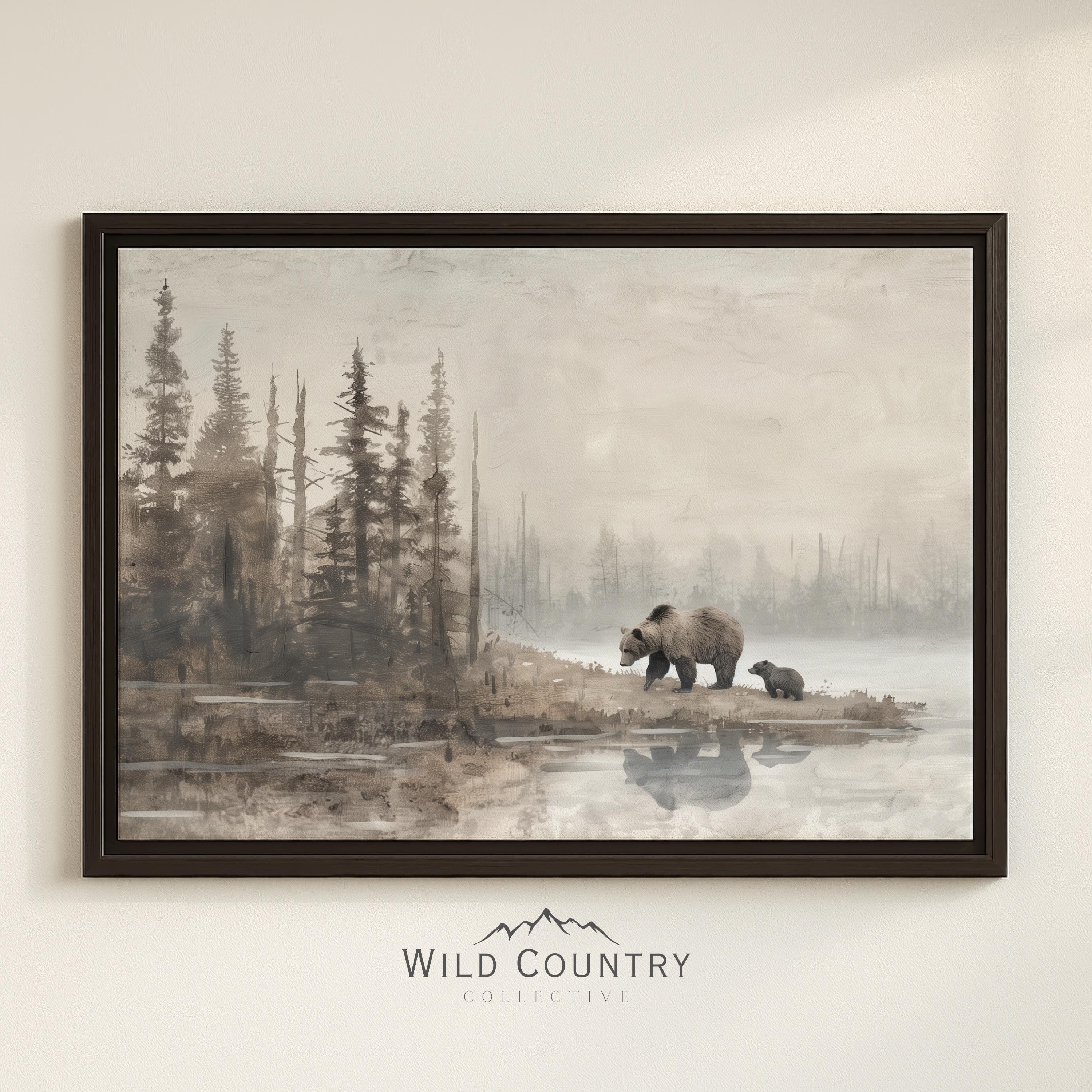 絵画 bear and cube Framed Grizzly Cub Art Brown Bear Print Canvas Mama Bear Painting