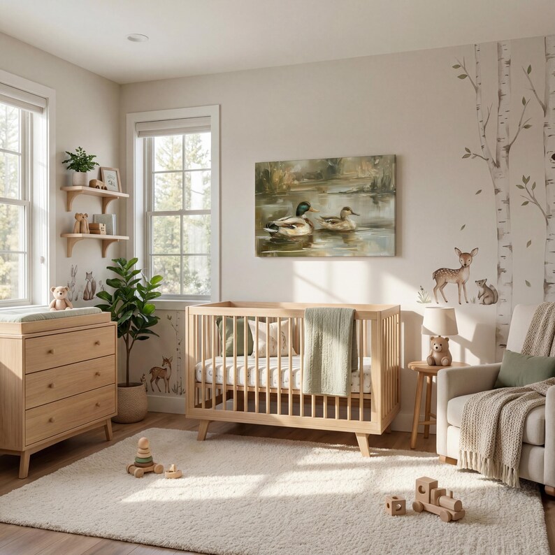 A cozy and charming nursery room with a wooden crib, a dresser, and a comfortable chair. The room has a warm and inviting atmosphere, with a painting of ducks on the wall and a tree mural adding a touch of nature. The room is well-lit, and the overall design is harmonious and visually appealing.