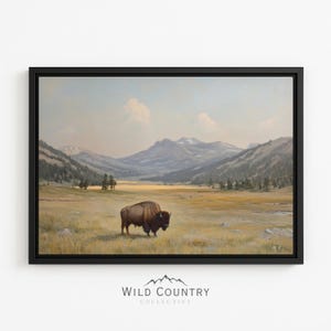 Impresión artística enmarcada de bisonte, pintura vintage de búfalo, arte mural de montaña, decoración rústica de vida silvestre, lienzo, arte mural, decoración de búfalo, pintura de Yellowstone