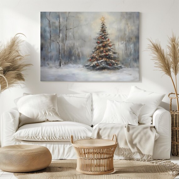 Patifu Vintage Christmas Canvas Wall Art Pine Tree Winter Scene Wall Art Botanical Print Pictures Poster Landscape Painting Room Aesthetic 20x16in