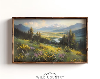 Wildflower Field Landscape Oil Painting, Alpine Mountain Painting, Wildflowers in Montana Poster, Flower Field Wall Art, Vintage Nature Art