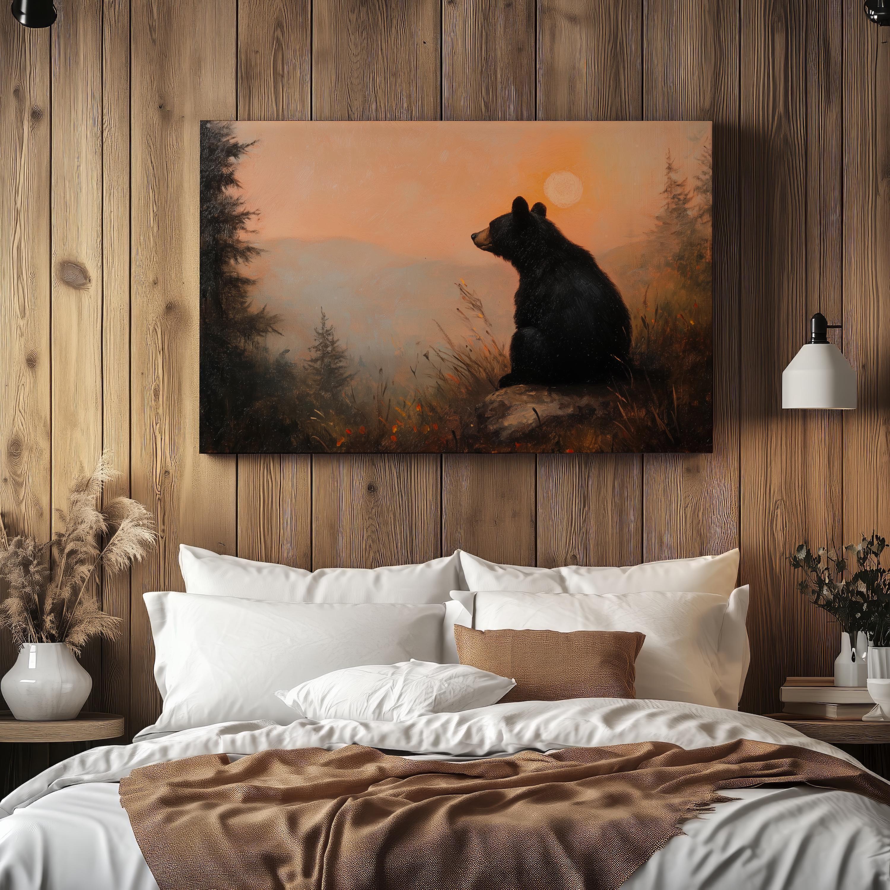 Adorable Black Bear Canvas, Sunset Sky Painting, Bear Cub Painting