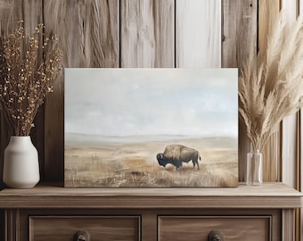 American Bison Painting Print on Canvas, Mountain Landscape, Wildlife Art, Western Wall Art, Western Bison Decor, Vintage Buffalo Canvas