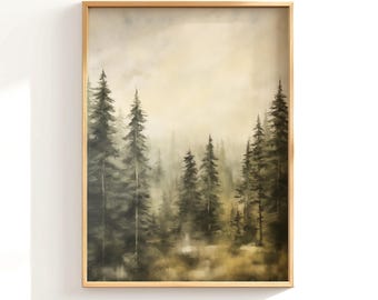 Evergreen Pines vol.1 Printable Wall Art, Vintage Pine Tree Print, Printable Tree Art, Forest Painting, Woodland Print, Rustic Pine Painting