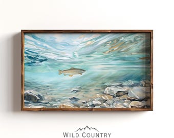 Printable Crystal Clear Trout Oil Painting, Fisherman Gift For Dad, Lake Landscape Painting, Vintage Trout Fish Art, Rustic Lake House Decor