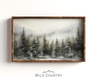 Winter Forest Art Print, Winter Landscape, Snow Covered Pine Tree Print, Vintage Foggy Forest Painting, Christmas Wall Art, Cabin Wall Decor