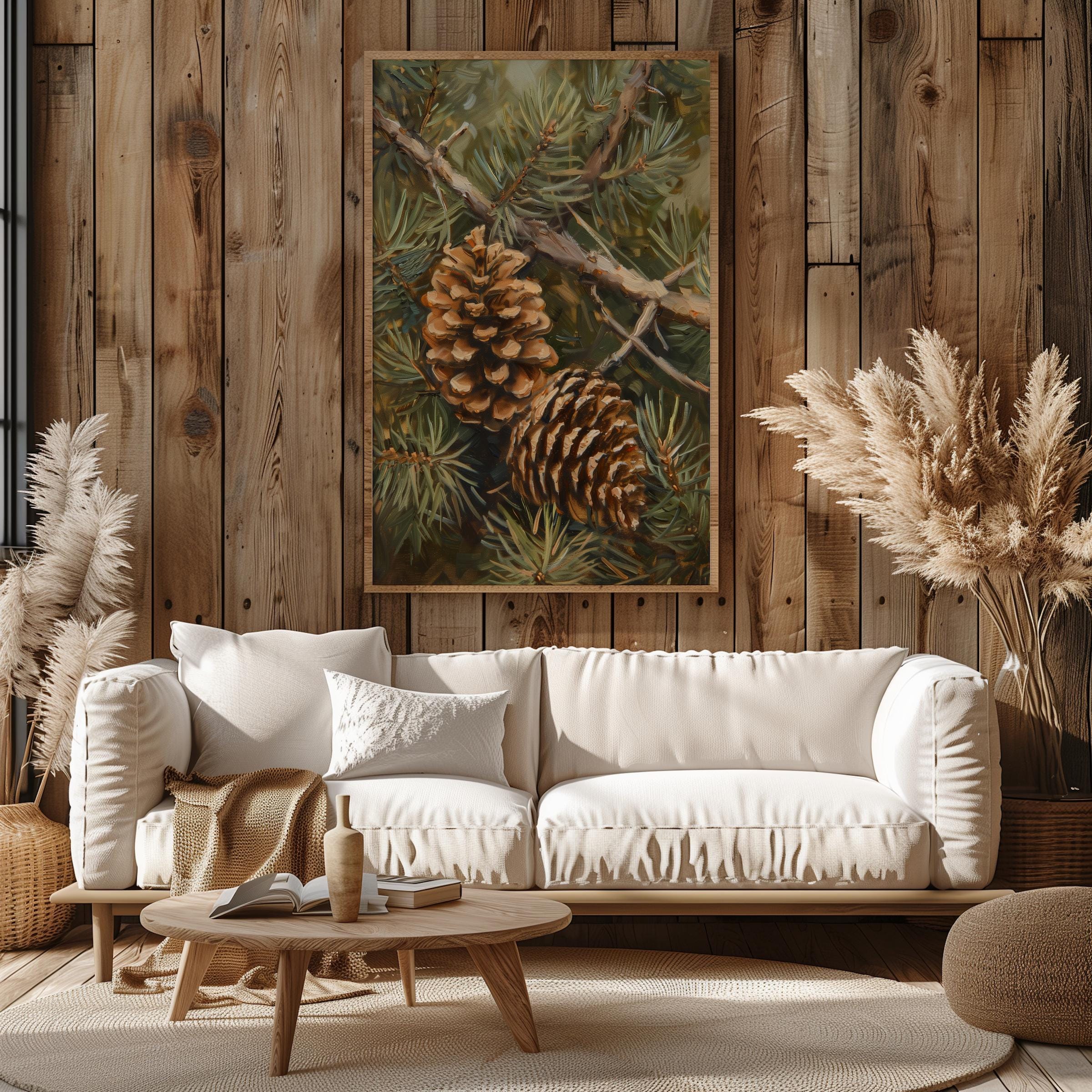 ヴィンテージの松ぼっくりアートプリント、松の木の油絵、森の小屋の
