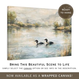 a serene scene of two ducks swimming on a calm lake, surrounded by lush greenery.