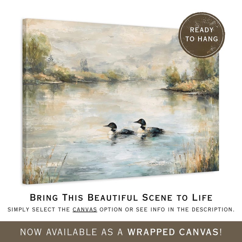 a serene scene of two ducks swimming on a calm lake, surrounded by lush greenery.