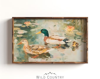【絵画】ネイチャーアート　「カモの親子」原画 アヒルの家族の絵画 マガモの壁アート オスとメスのアヒルのプリント