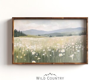 Muted Wildflower Field Landscape Painting, Vintage Nature Art, White Flower Field Countryside Landscape Print, Mountain Landscape Art Print