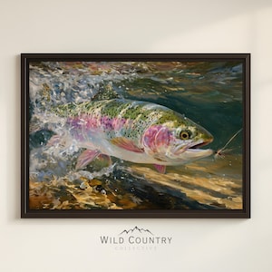 Toile de truite encadrée, peinture de pêche à la mouche vintage, décor de pêcheur, art mural de maison de lac, peinture de truite rustique, art mural de pêche à la mouche, cadeau pour papa