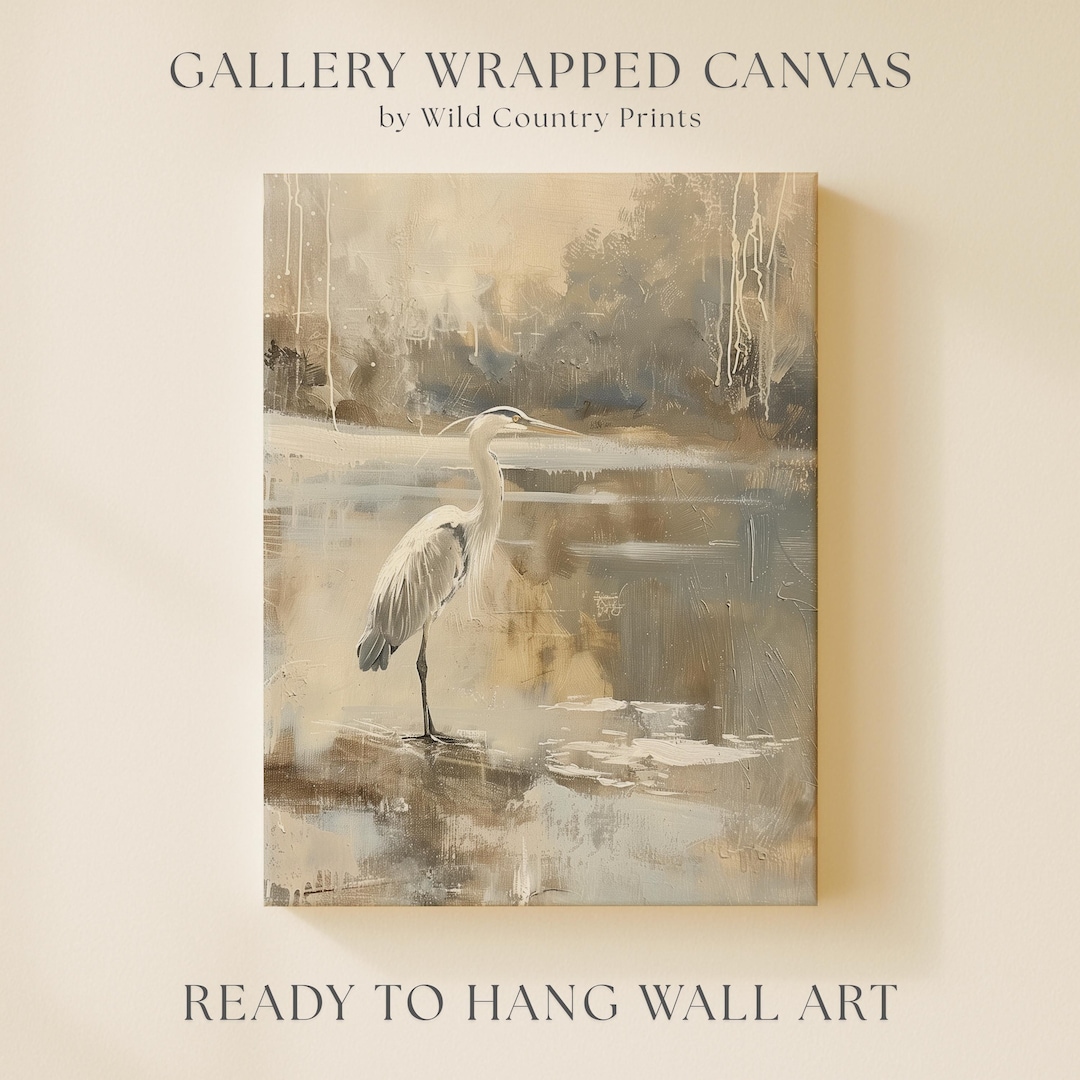 Quadro em Tela Garça-Real Grande, Pintura de Pássaro, Arte Rústica, Decoração Estética Beje