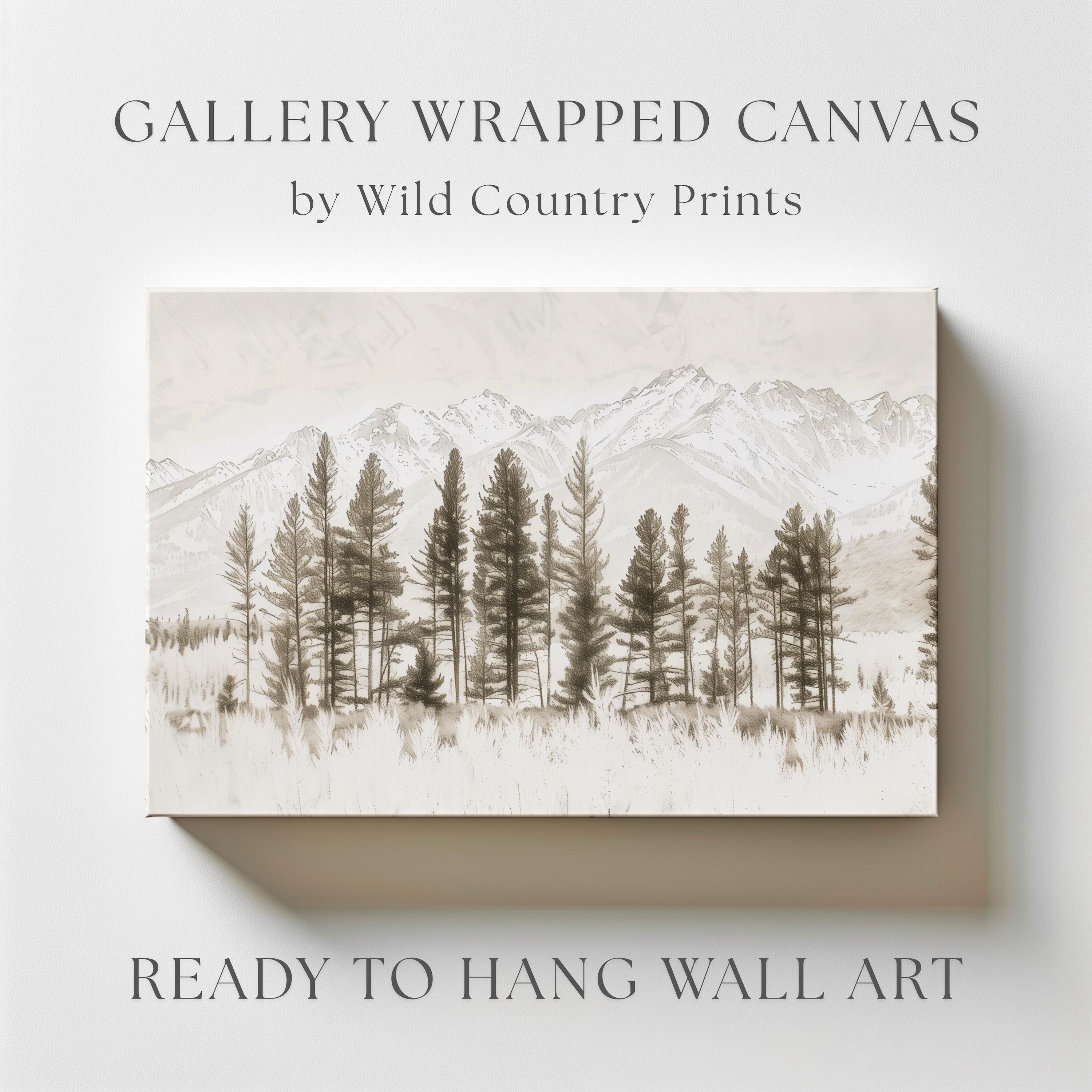 森の木のスケッチキャンバス山松の木の壁アート白黒装飾ミニマリストの