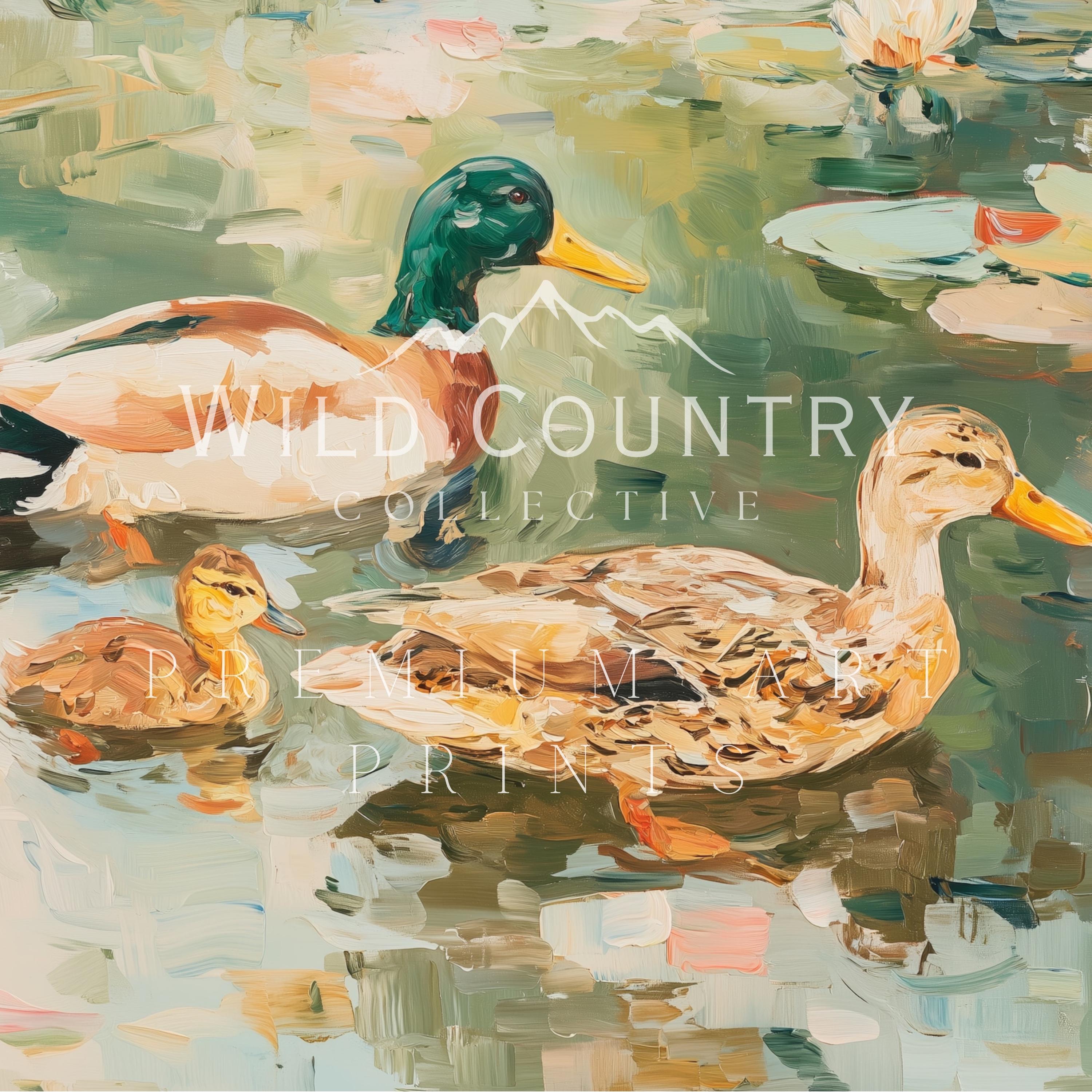 アヒルの家族の絵画 マガモの壁アート オスとメスのアヒルのプリント