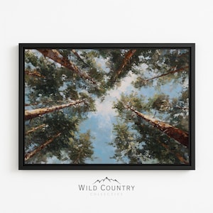May include: An oil painting of tall trees reaching towards a blue sky, viewed from below. The artwork is framed in a black rectangular frame. The painting's style is impressionistic, with visible brushstrokes and a focus on light and shadow.