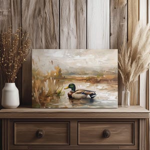 Vintage Duck Pond Canvas, Countryside Print, Mallard Duck Painting Print, Rustic Cabin Decor, Mallard Duck Nursery Decor, Bird Hunter Gift