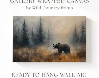 Dark Grizzly Bear Canvas, Rustic Cabin Decor, Moody Animal Decor, Mystic Pine Tree Forest Art Print, Nature Lover Gift, Brown Bear Wall Art